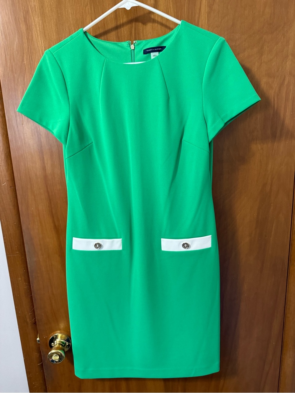Tommy Hilfiger Bright Green Short-Sleeve Sheath Dress with White Pocket Tabs